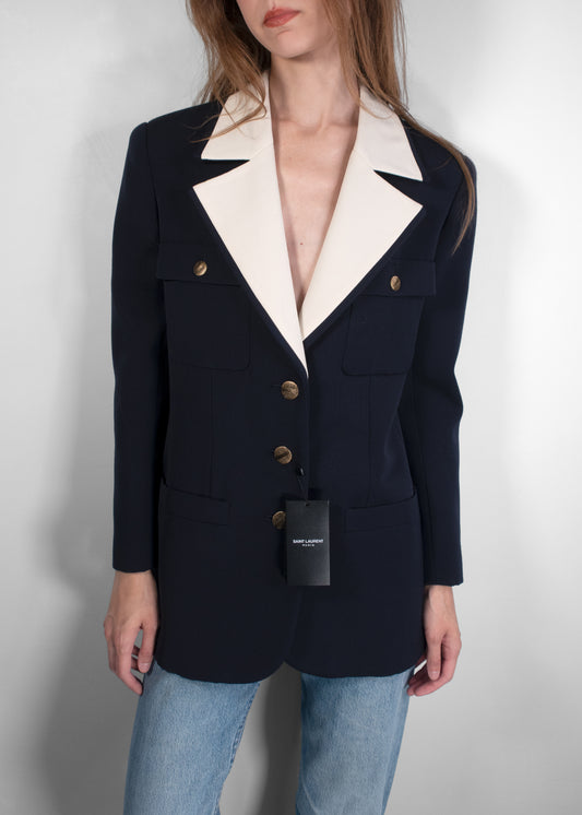 Saint Laurent Bi-Color Tailored Wool Jacket in Marine