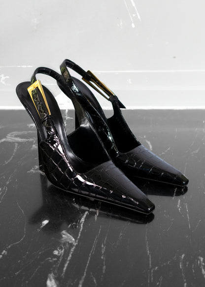 Saint Laurent Calfskin Crocodile Embossed Slingback