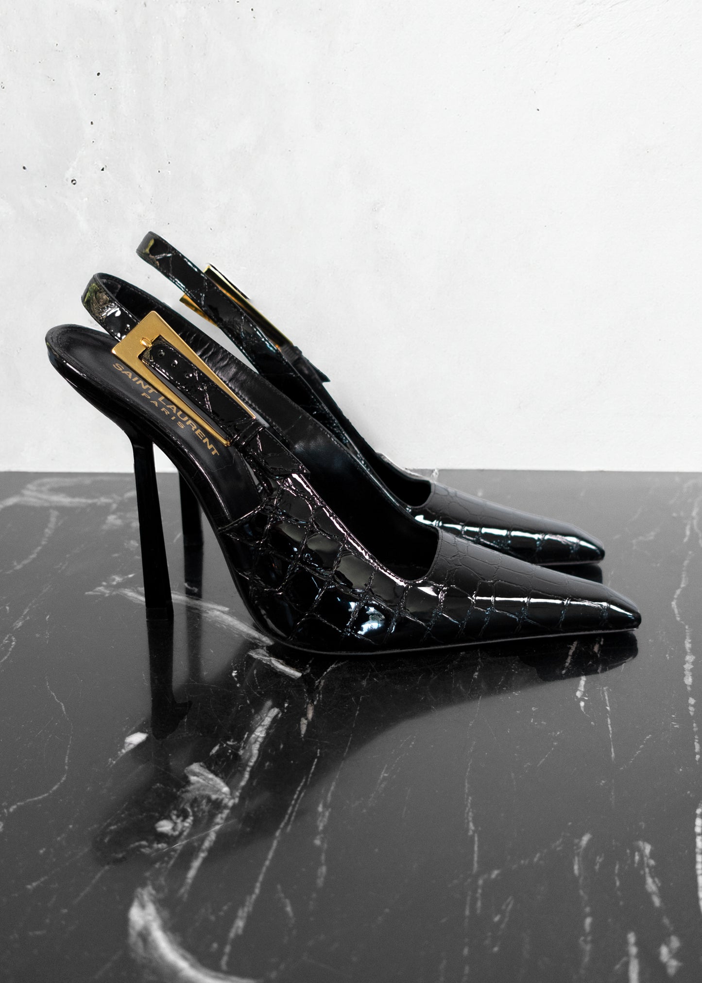 Saint Laurent Calfskin Crocodile Embossed Slingback