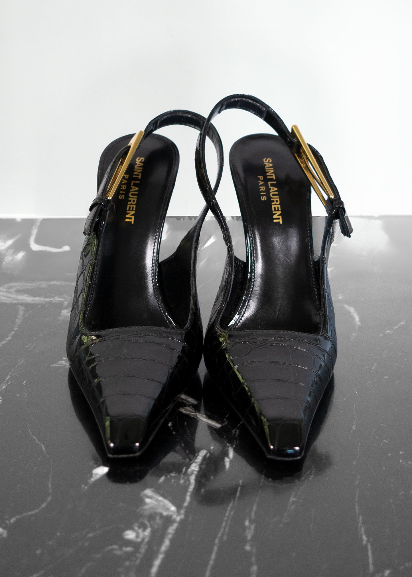 Saint Laurent Calfskin Crocodile Embossed Slingback