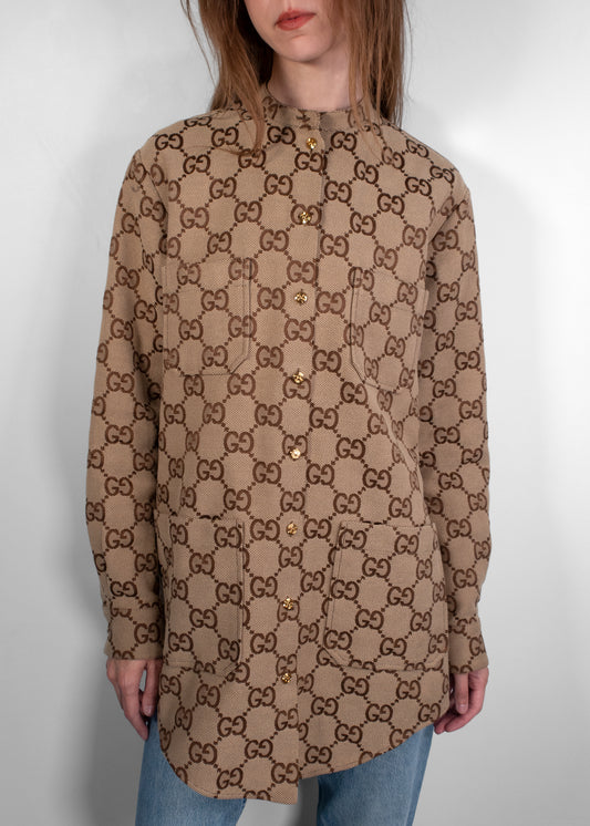 Gucci Maxi GG Canvas Shirt in Camel and Ebony