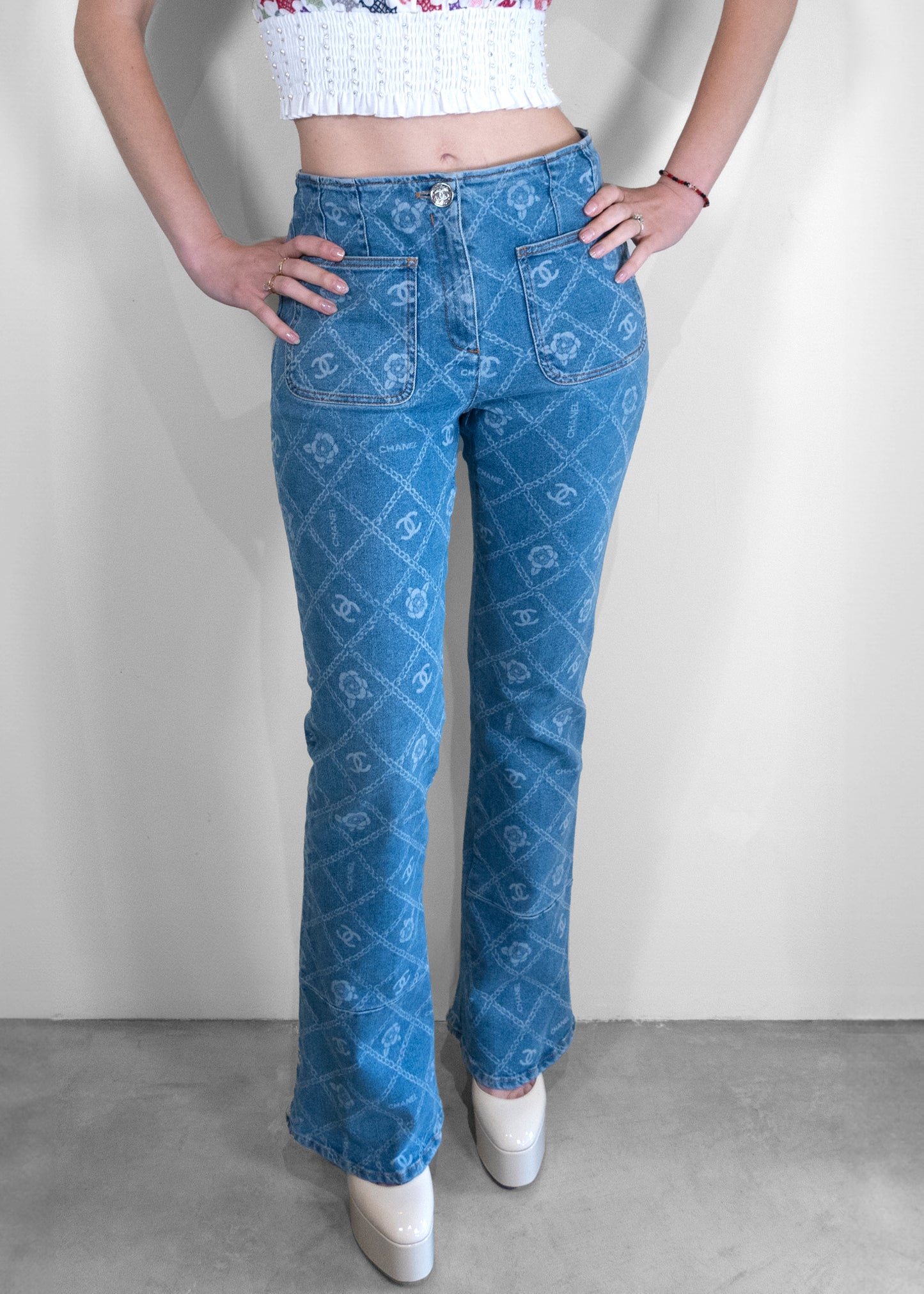 Chanel 2023 Métier d’Arts Printed Denim CC Logo Blue & White