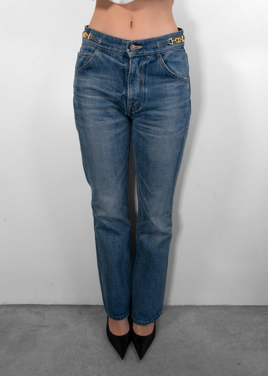 Celine Dylan Blue Washed Gold Triomphe Buckle Bootcut Jeans