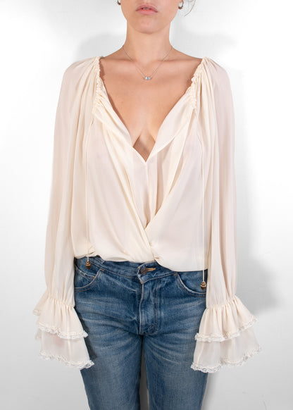 Chloé Gathered Silk V-Neck Blouse in White