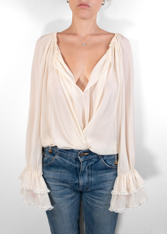 Chloé Gathered Silk V-Neck Blouse in White
