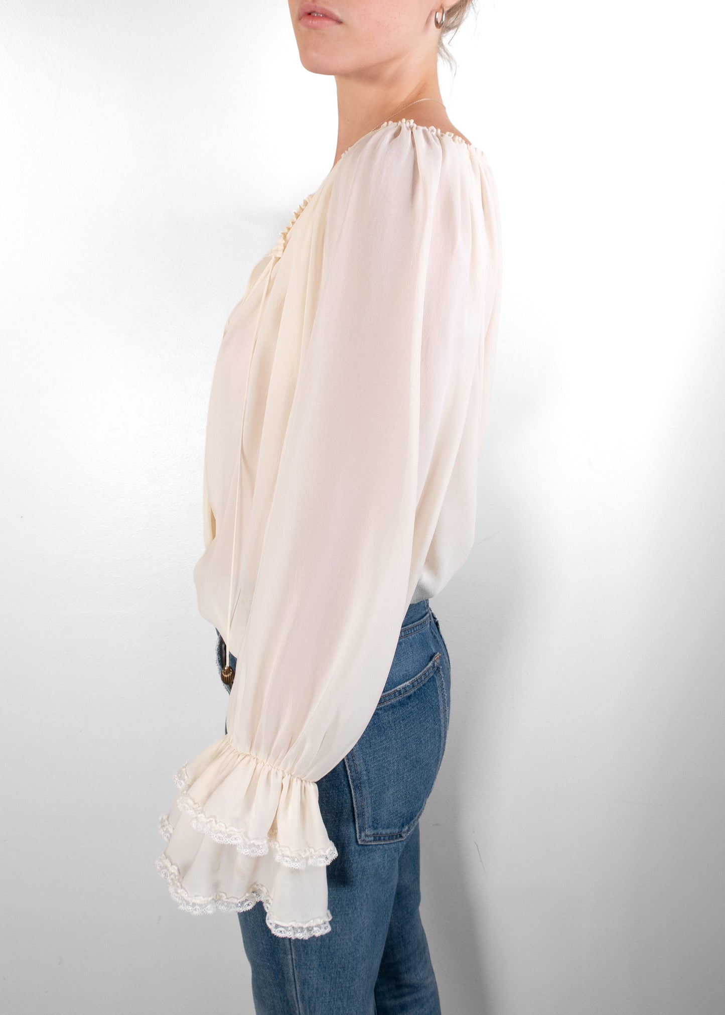 Chloé Gathered Silk V-Neck Blouse in White