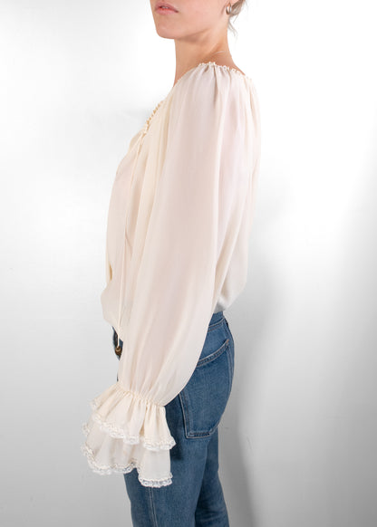 Chloé Gathered Silk V-Neck Blouse in White