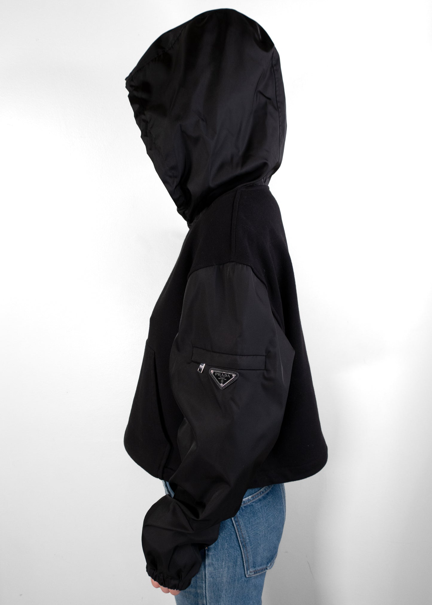 Prada Triangle Logo Cropped Hoodie Black