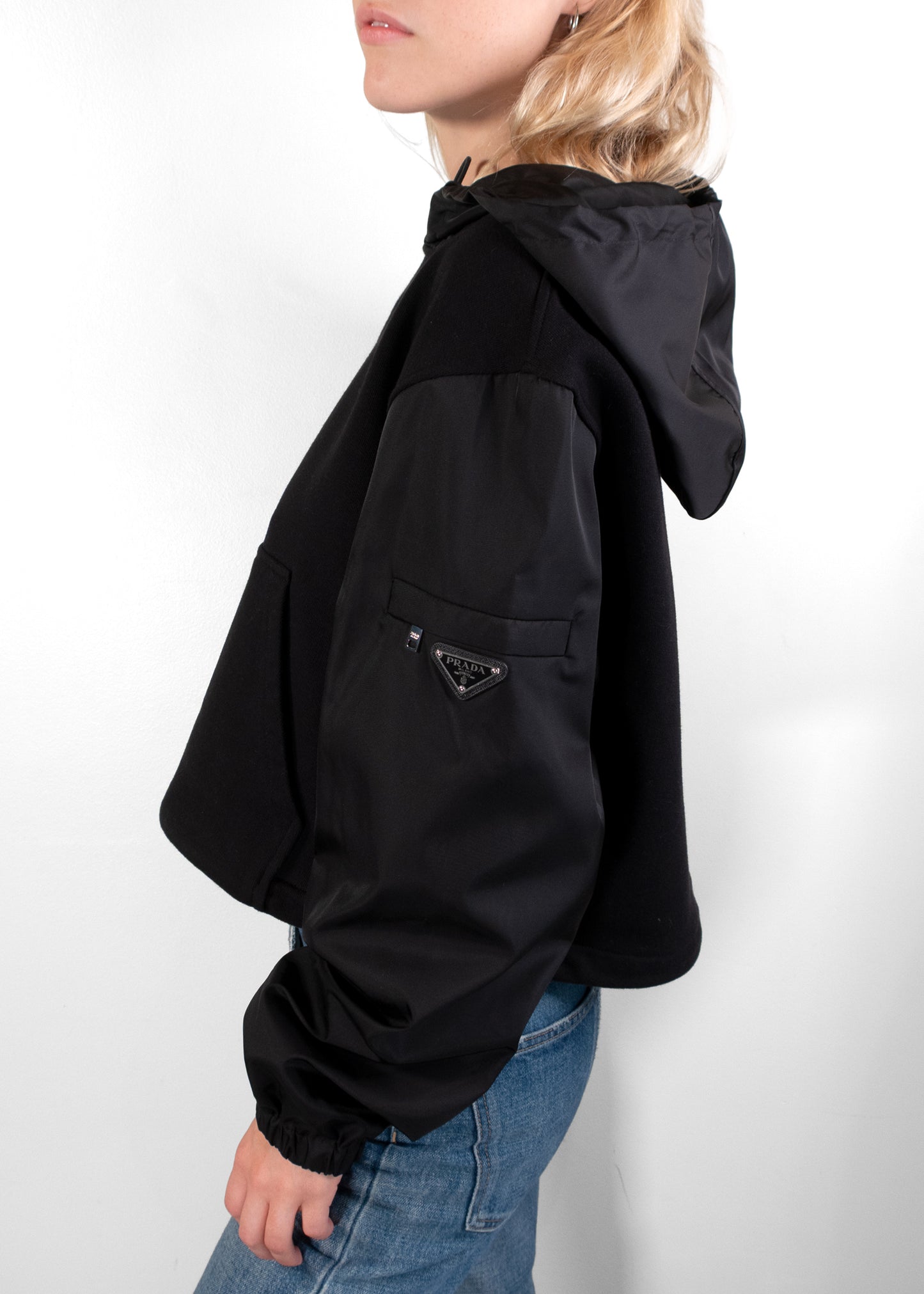 Prada Triangle Logo Cropped Hoodie Black