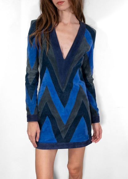 Balmain Blue Suede And Chevron Panel Mini Dress