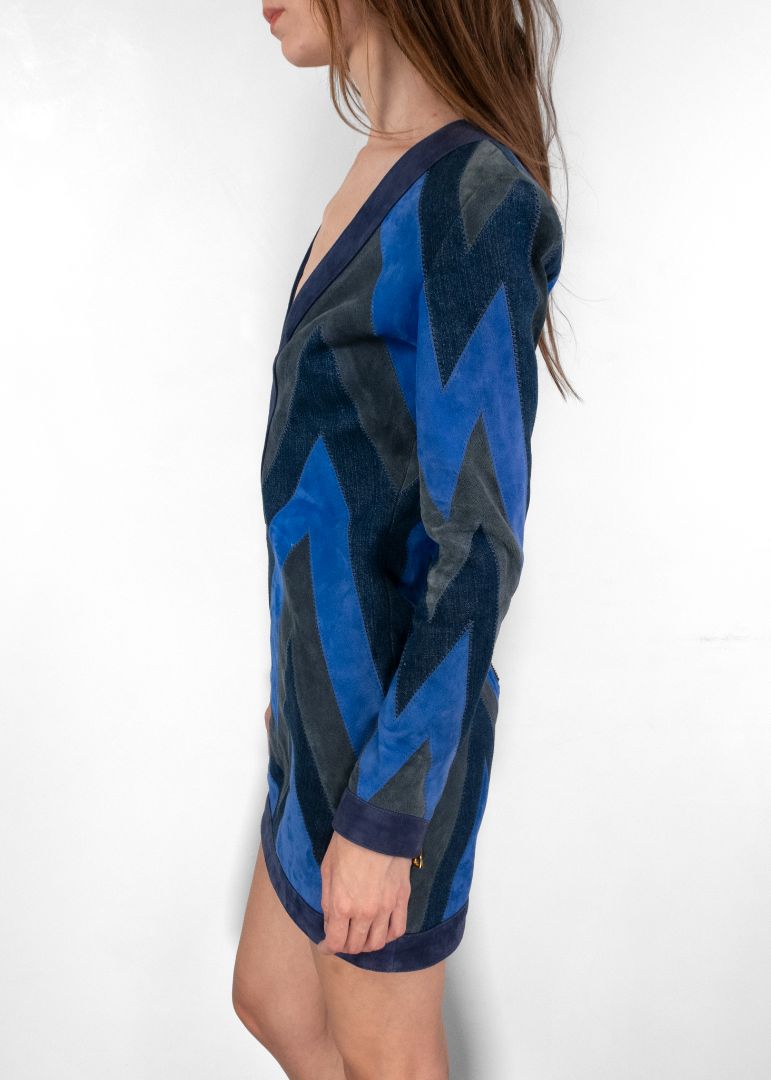 Balmain Blue Suede And Chevron Panel Mini Dress