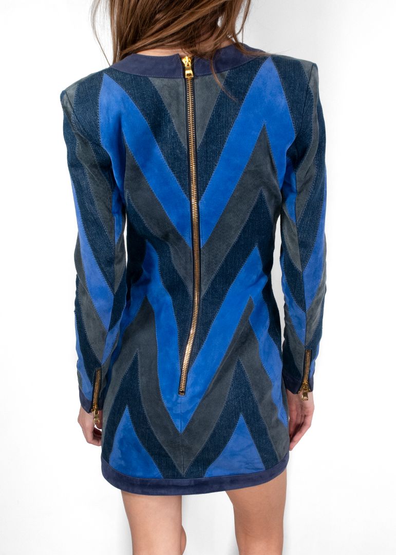 Balmain Blue Suede Chevron-Panel Bodycon Mini Dress