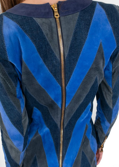 Balmain Blue Suede Chevron-Panel Bodycon Mini Dress