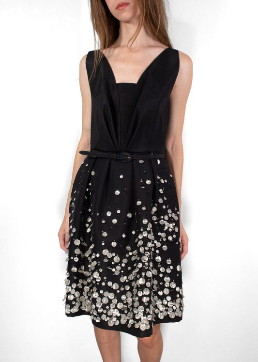 Oscar De La Renta Black Shift Dress With Circle Applique Newspaper Print