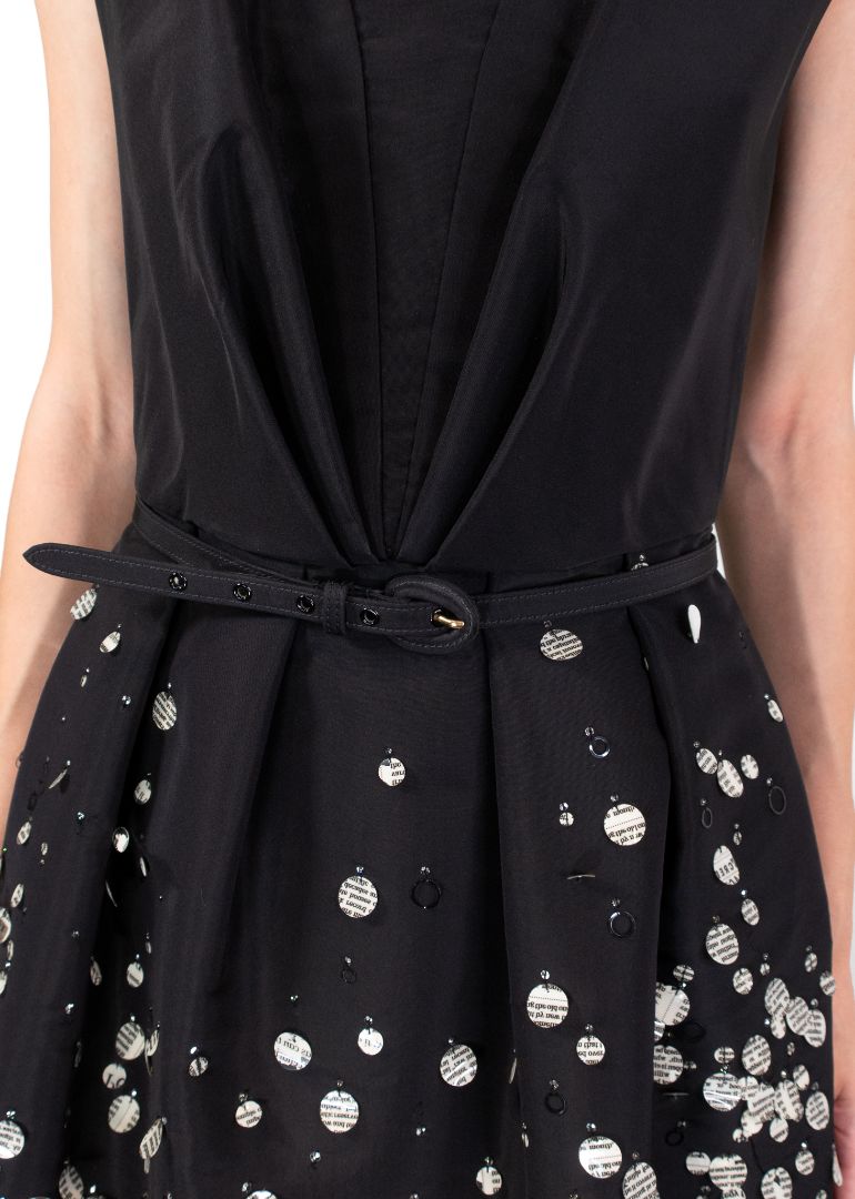 Oscar De La Renta Black Shift Dress With Circle Applique Newspaper Print