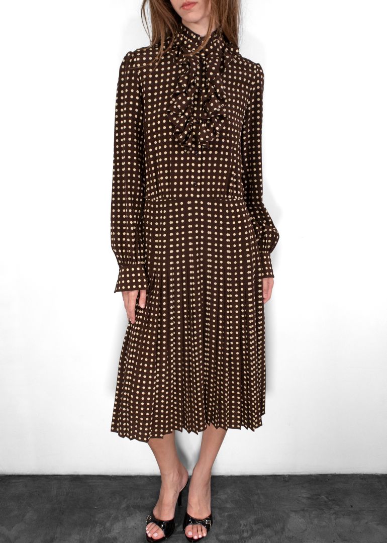 Celine Dark Brown/Ivory Silk Long Sleeve Polkadot Print Dress With Ruffle Detail