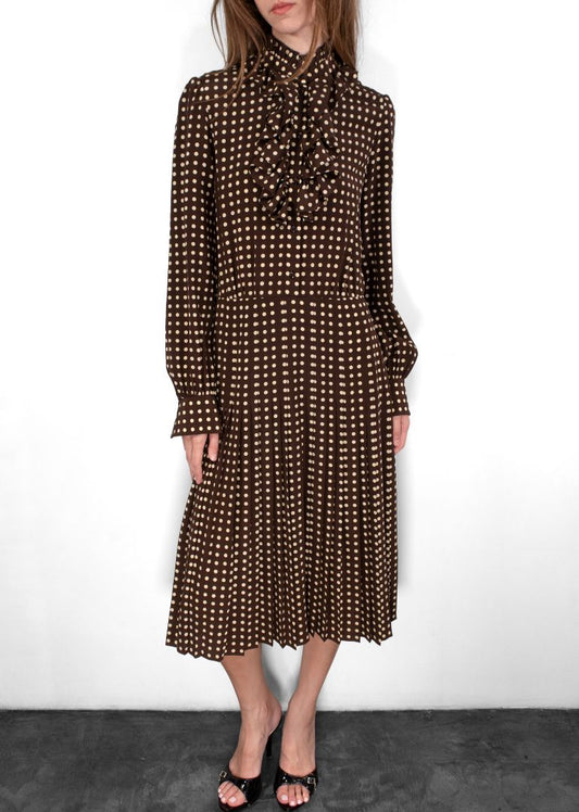 Celine Dark Brown/Ivory Silk Long Sleeve Polkadot Print Dress With Ruffle Detail