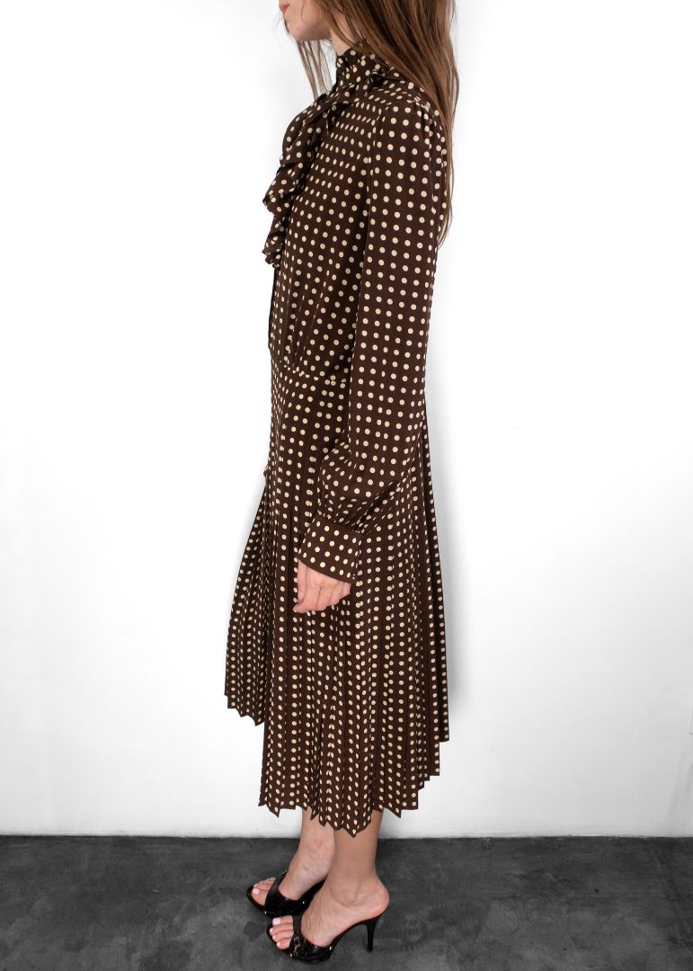 Celine Dark Brown/Ivory Silk Long Sleeve Polkadot Print Dress With Ruffle Detail
