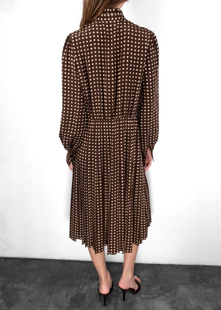Celine Dark Brown/Ivory Silk Long Sleeve Polkadot Print Dress With Ruffle Detail