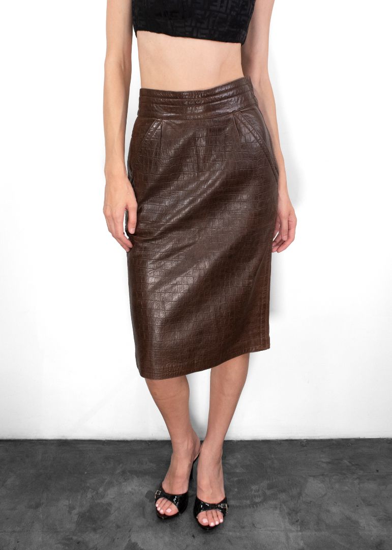 Gianni Versace Vintage Brown Croc Embossed Leather Pencil Skirt