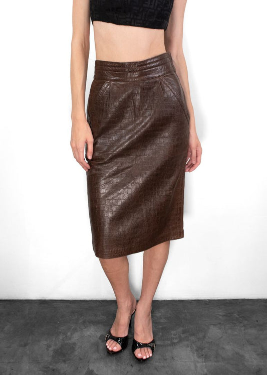 Gianni Versace Vintage Brown Croc Embossed Leather Pencil Skirt