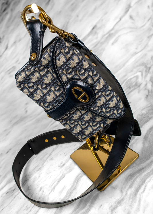 Christian Dior Mini Leather Navy Oblique Gold Logo Crossbody Mini Sling Bag
