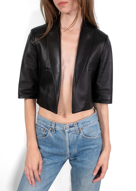 Michael Kors Collection Black 3/4 Sleeve Cropped Leather Jacket