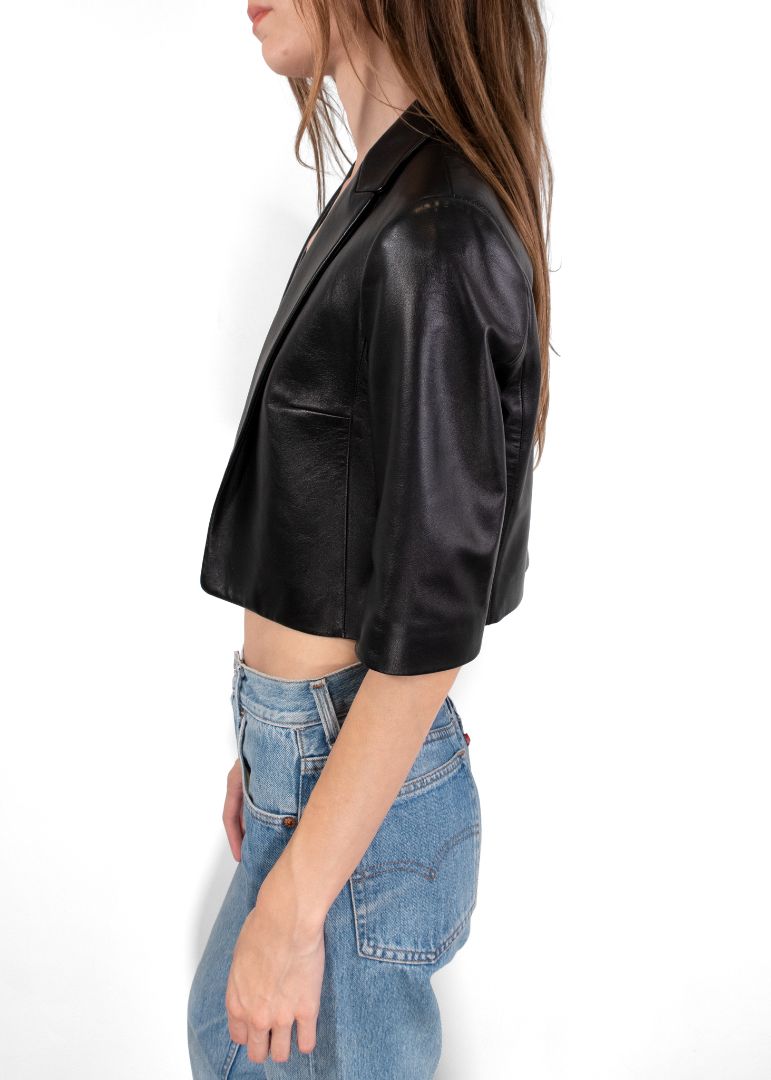 Michael Kors Collection Black 3/4 Sleeve Cropped Leather Jacket