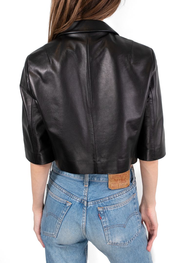 Michael Kors Collection Black 3/4 Sleeve Cropped Leather Jacket