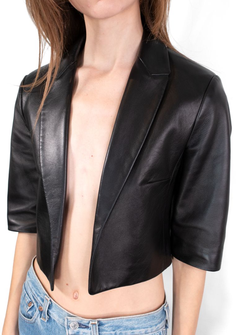 Michael Kors Collection Black 3/4 Sleeve Cropped Leather Jacket