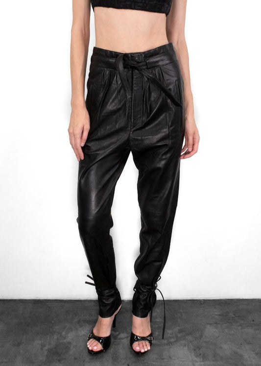 Isabel Marant Black Leather Pants With Ties At Bottom And Waist