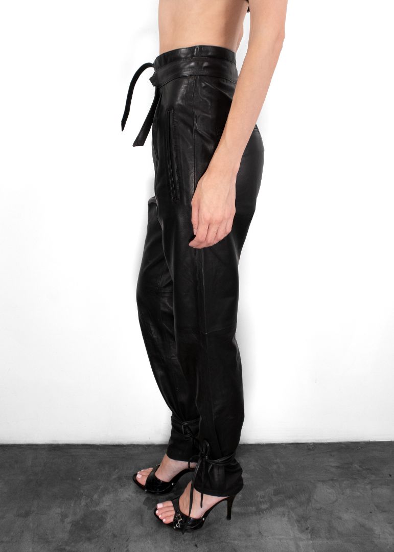 Isabel Marant Black Leather Pants With Ties At Bottom And Waist