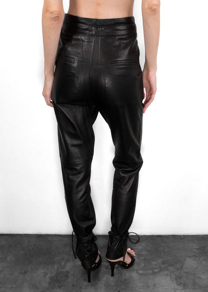 Isabel Marant Black Leather Pants With Ties At Bottom And Waist