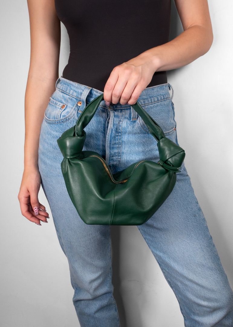 Bottega Veneta Dark Green Leather Top Knot Mini Bag