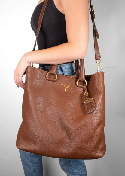 Prada Brown Pebbled Tote Bag With Long Shoulder Strap And Gold Hardware