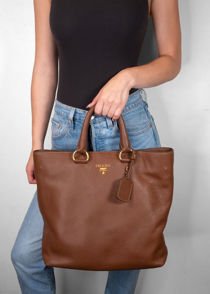 Prada Brown Pebbled Tote Bag With Long Shoulder Strap And Gold Hardware