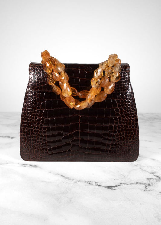 Darby Scott Crocodile Embossed Handbag With Amber Beaded Handles
