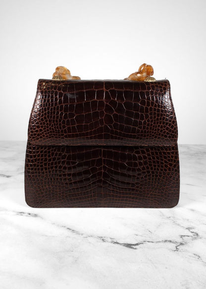 Darby Scott Crocodile Embossed Handbag With Amber Beaded Handles