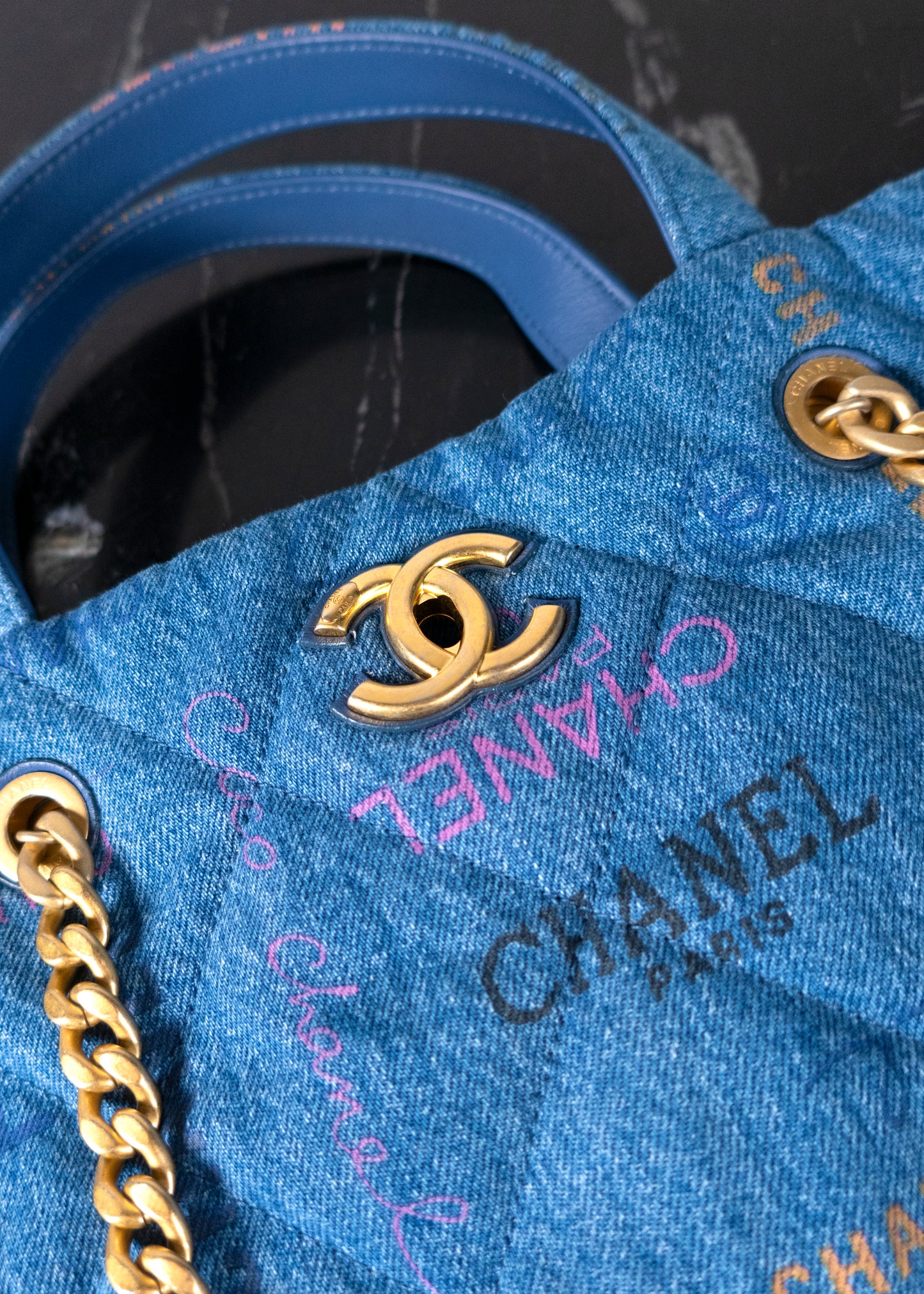 Chanel Denim Quilted Denim Mood Maxi Shopping Bag Blue Multicolor