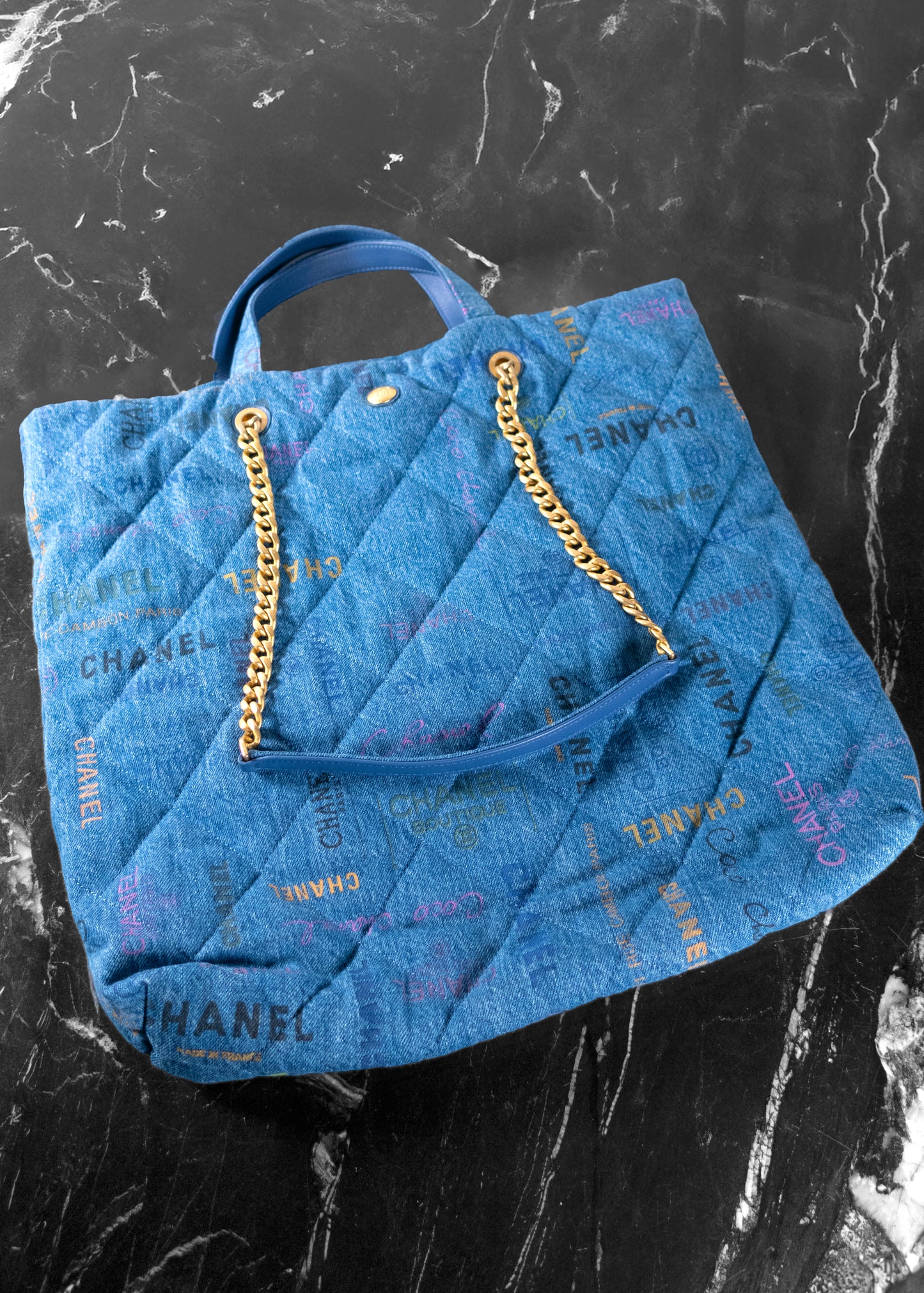 Chanel Denim Quilted Denim Mood Maxi Shopping Bag Blue Multicolor