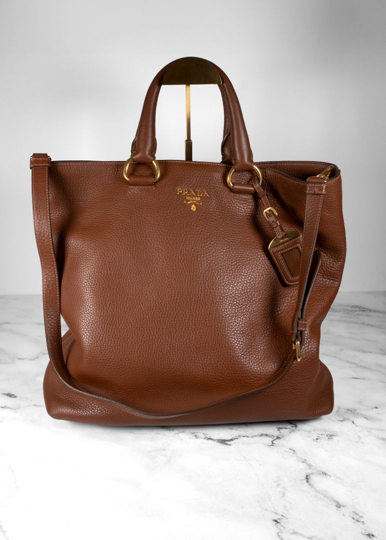 Prada Brown Pebbled Tote Bag With Long Shoulder Strap And Gold Hardware