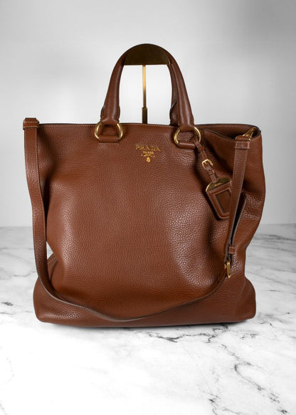 Prada Brown Pebbled Tote Bag With Long Shoulder Strap And Gold Hardware