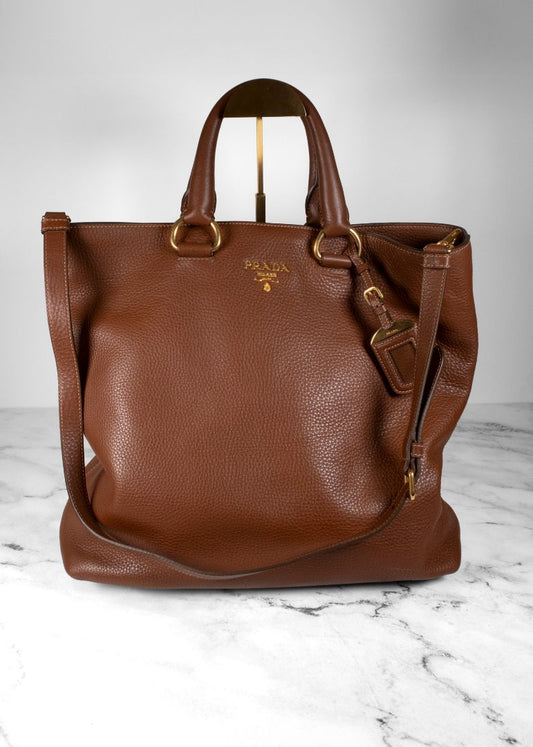 Prada Brown Pebbled Tote Bag With Long Shoulder Strap And Gold Hardware