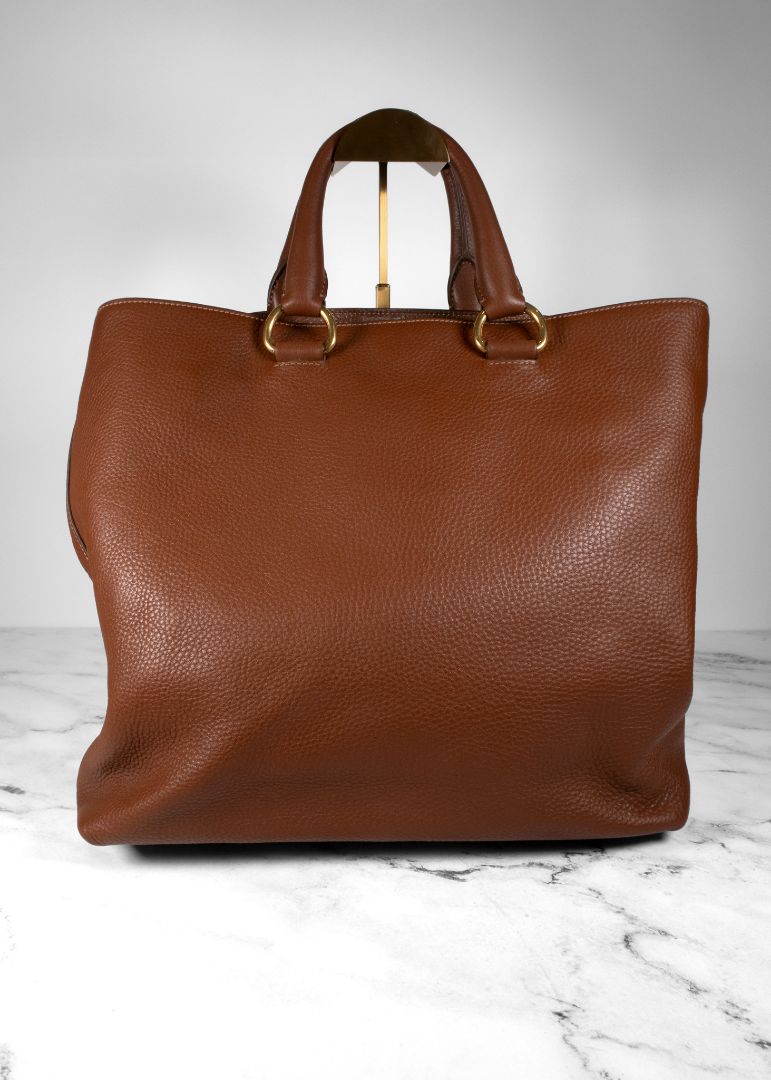 Prada Brown Pebbled Tote Bag With Long Shoulder Strap And Gold Hardware