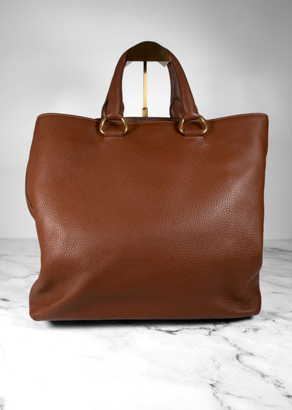 Prada Brown Pebbled Tote Bag With Long Shoulder Strap And Gold Hardware