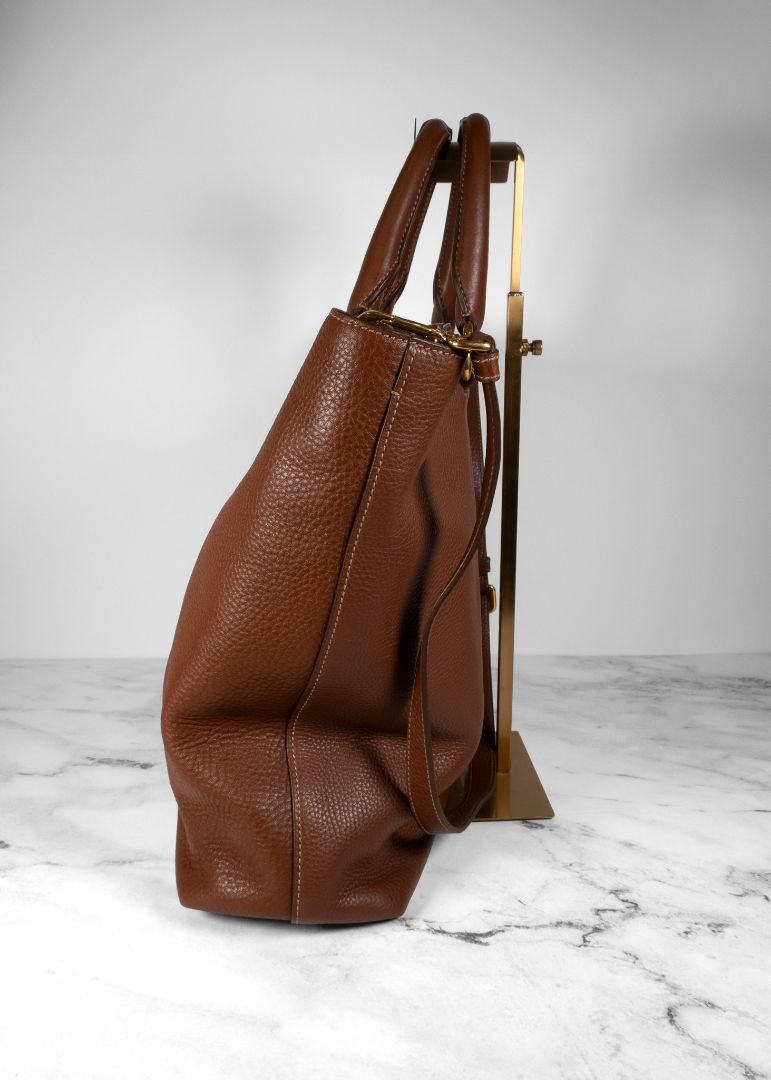 Prada Brown Pebbled Tote Bag With Long Shoulder Strap And Gold Hardware