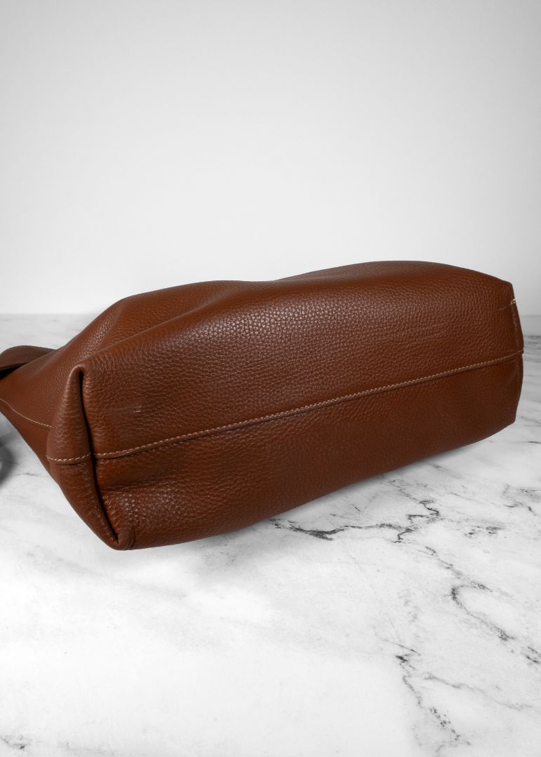 Prada Brown Pebbled Tote Bag With Long Shoulder Strap And Gold Hardware