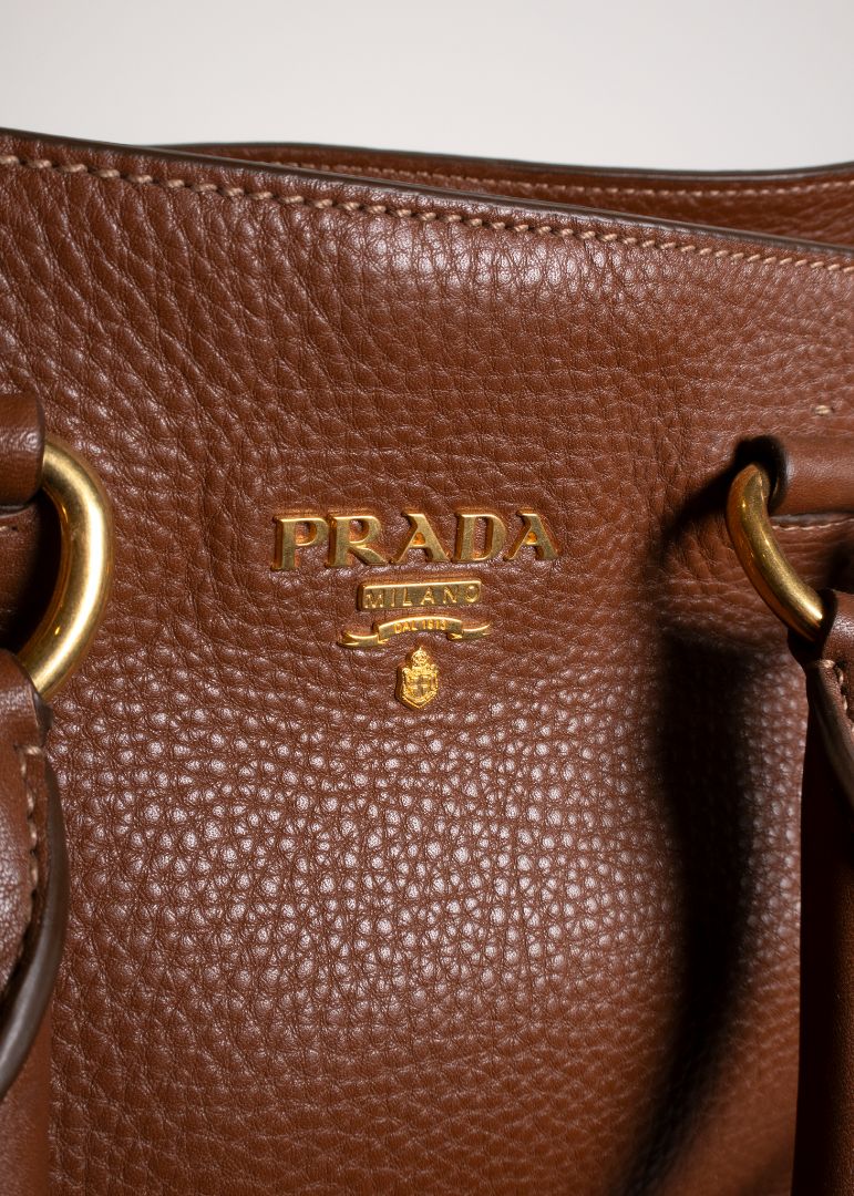Prada Brown Pebbled Tote Bag With Long Shoulder Strap And Gold Hardware