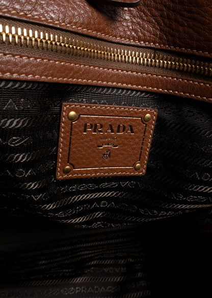 Prada Brown Pebbled Tote Bag With Long Shoulder Strap And Gold Hardware
