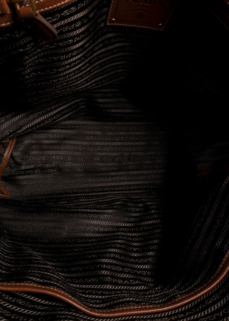 Prada Brown Pebbled Tote Bag With Long Shoulder Strap And Gold Hardware